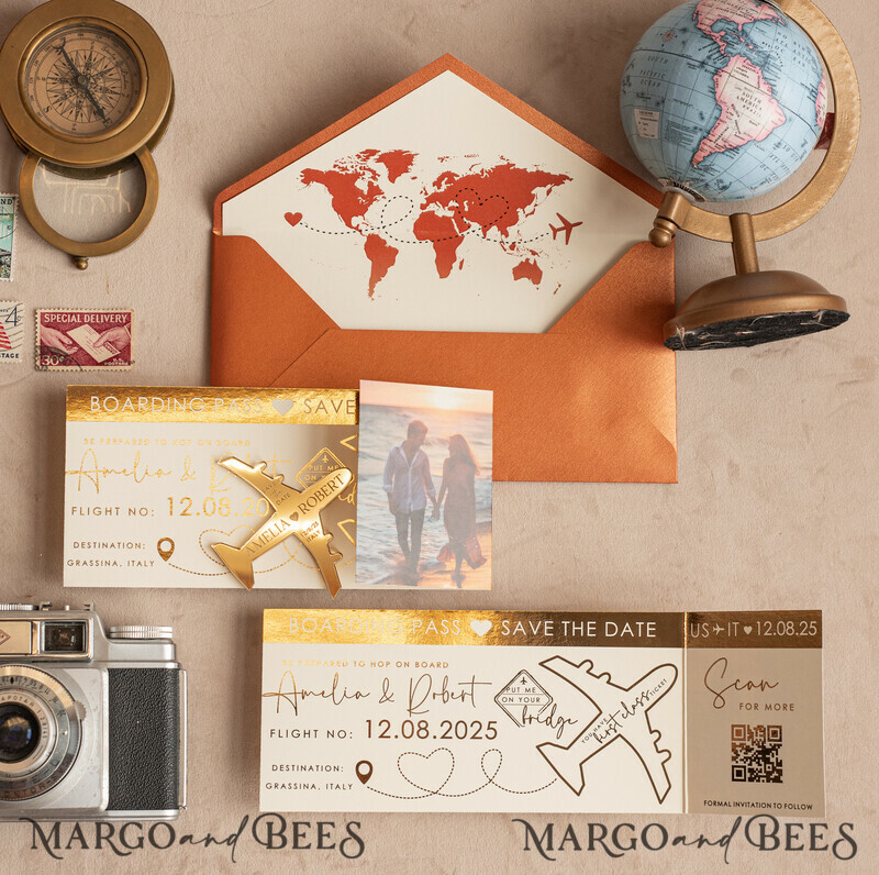 Terracotta golden airplane magnet Save The Date Cards with photo boardingpass travel airplane save the dates destination wedding magnets-6