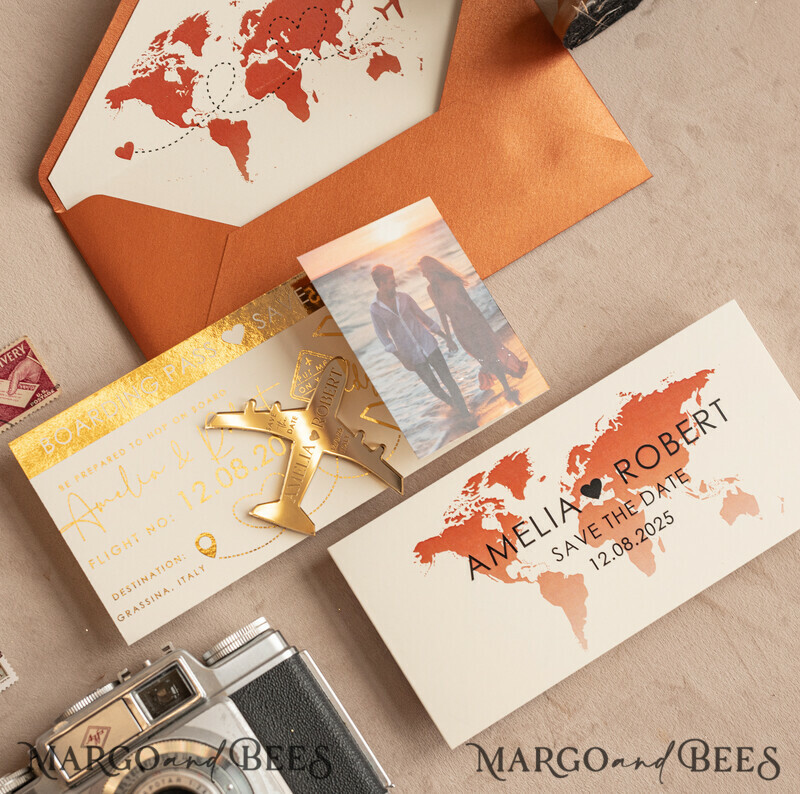 Terracotta golden airplane magnet Save The Date Cards with photo boardingpass travel airplane save the dates destination wedding magnets-7