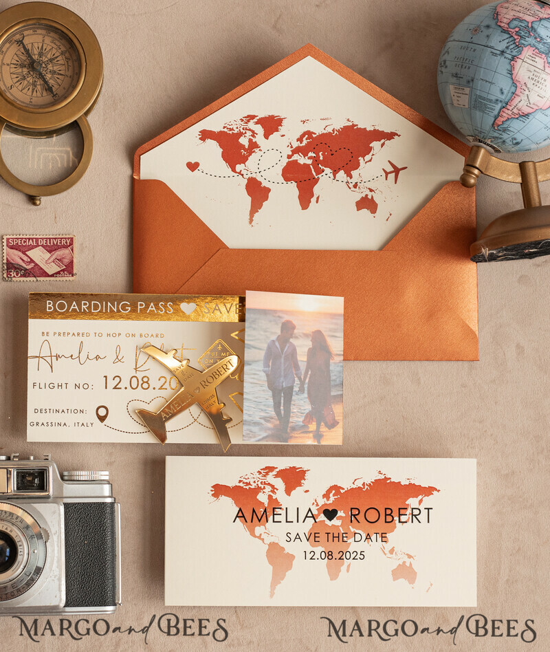 Terracotta golden airplane magnet Save The Date Cards with photo boardingpass travel airplane save the dates destination wedding magnets-8