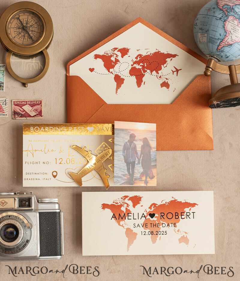 Terracotta golden airplane magnet Save The Date Cards with photo boardingpass travel airplane save the dates destination wedding magnets-9