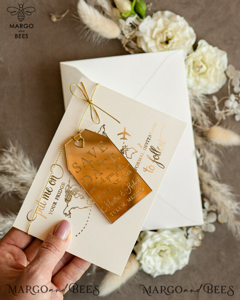 Stylish Gold Travel Save the Date: Acrylic Tag Magnet and Card 
Elegant Gold Luggage Tag Wedding Save The Dates: Acrylic Magnets 
Capture the Moment with Stunning Gold Save The Date Cards-1