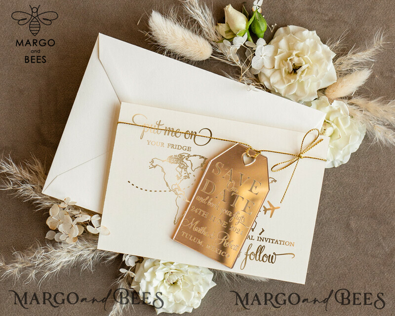 Stylish Gold Travel Save the Date: Acrylic Tag Magnet and Card 
Elegant Gold Luggage Tag Wedding Save The Dates: Acrylic Magnets 
Capture the Moment with Stunning Gold Save The Date Cards-2