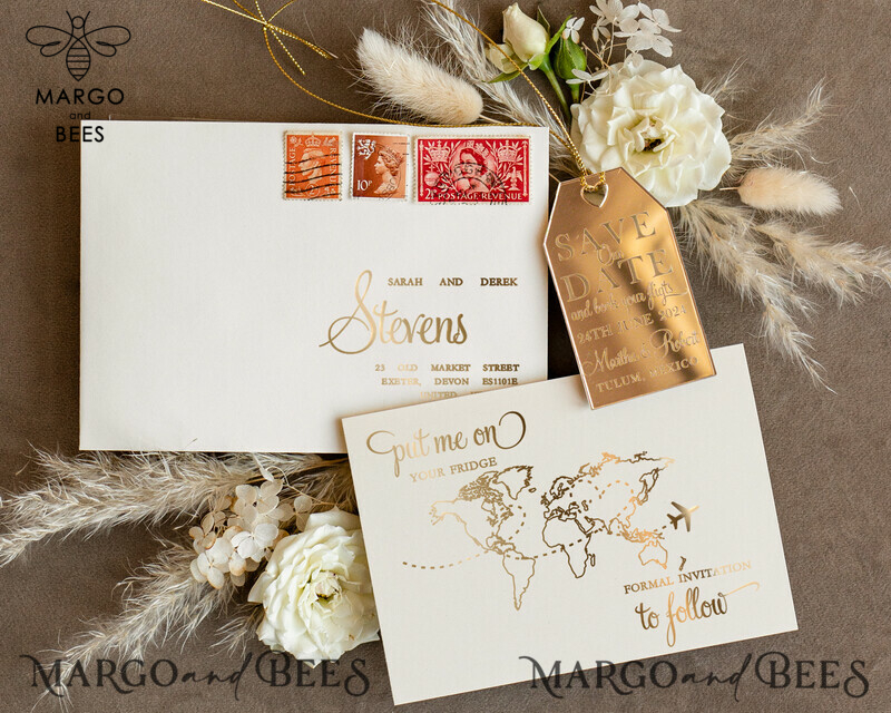 Stylish Gold Travel Save the Date: Acrylic Tag Magnet and Card 
Elegant Gold Luggage Tag Wedding Save The Dates: Acrylic Magnets 
Capture the Moment with Stunning Gold Save The Date Cards-4