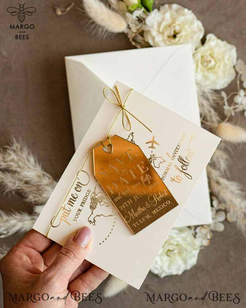 Stylish Gold Travel Save the Date: Acrylic Tag Magnet and Card 
Elegant Gold Luggage Tag Wedding Save The Dates: Acrylic Magnets 
Capture the Moment with Stunning Gold Save The Date Cards-5