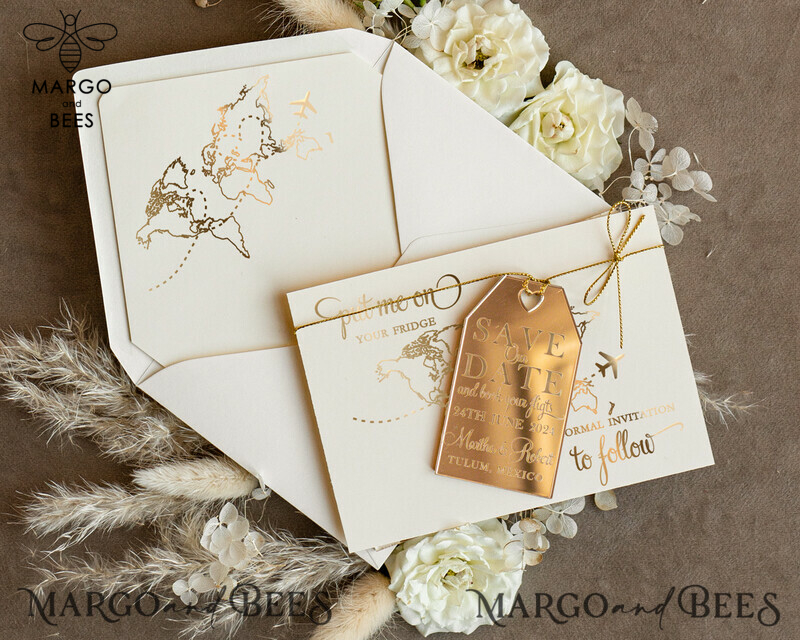 Stylish Gold Travel Save the Date: Acrylic Tag Magnet and Card 
Elegant Gold Luggage Tag Wedding Save The Dates: Acrylic Magnets 
Capture the Moment with Stunning Gold Save The Date Cards-0