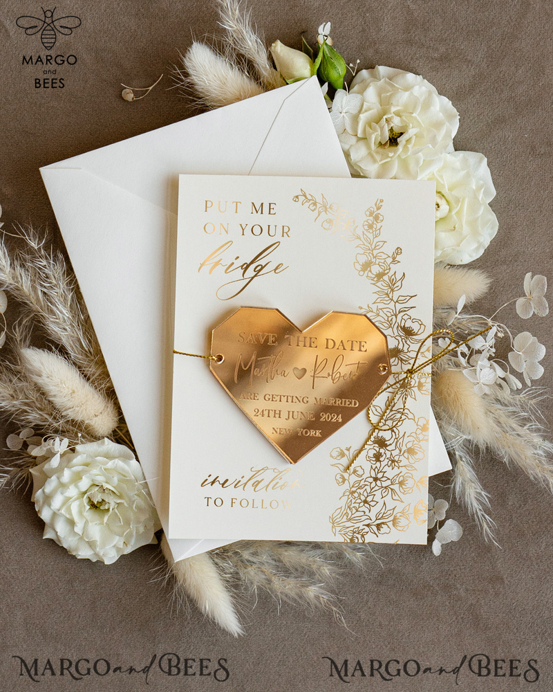 Personalised Gold Acrylic heart Save the Date Magnet and Card, ivory Wedding Save The Dates Plexi Magnets, Wedding Boho Save The Date Cards-1