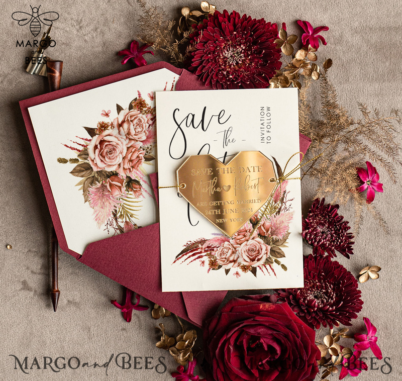 Personalised Save the Date Heart Magnet and Card, Burgundy Elegant Wedding Save The Dates Acrylic Gold Heart-0