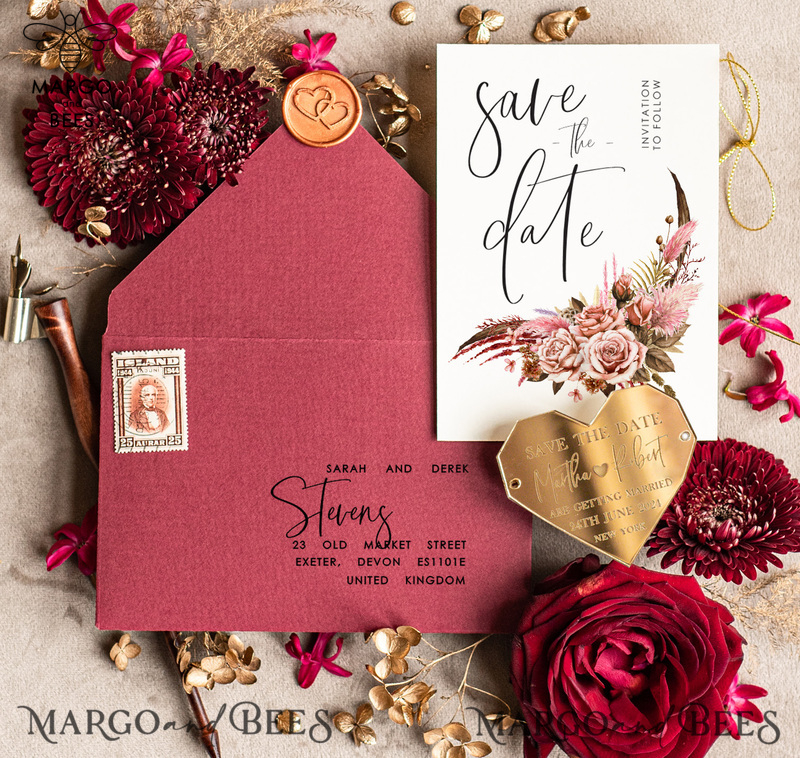 Personalised Save the Date Heart Magnet and Card, Burgundy Elegant Wedding Save The Dates Acrylic Gold Heart-3