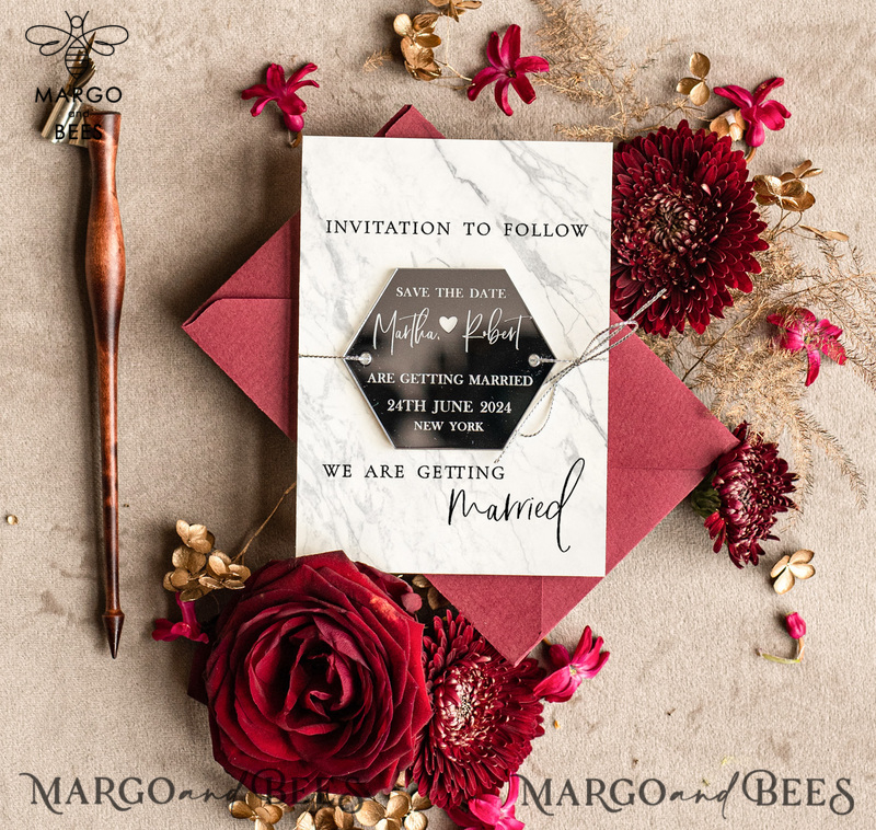Personalised Maroon Save the Date hexagon Magnet and Card, Marble Wedding Save The Dates Acrylic silver magnet-0