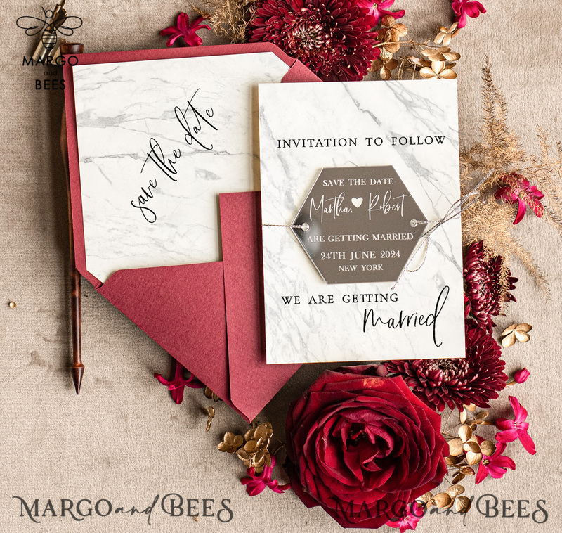 Personalised Maroon Save the Date hexagon Magnet and Card, Marble Wedding Save The Dates Acrylic silver magnet-1