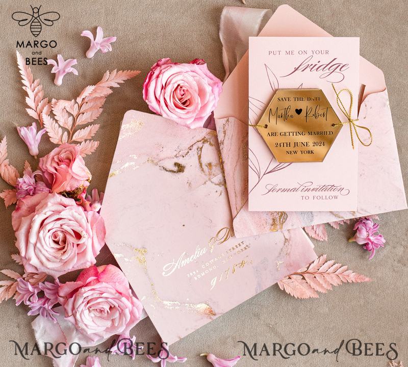 Luxury Save the Date card, Gold Hexagon Acrylic Magnet and  blush pink card, Save the Date Hexagon Acrylic Magnet, Gold Elegant Wedding Save The Dates-0