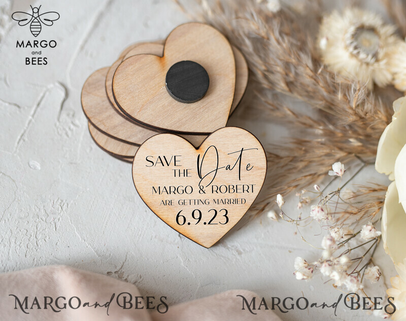Elegant Blush Pink Wedding Save The Date Card with Heart Magnet
Boho Wooden Magnets Save Our Date Cards for a Rustic Wedding Celebration-1