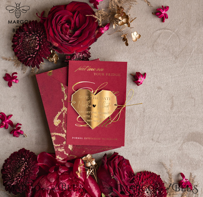 Personalised Save the Date Heart Magnet and Card, Burgundy Elegant Wedding Save The Dates Acrylic Gold Heart-5