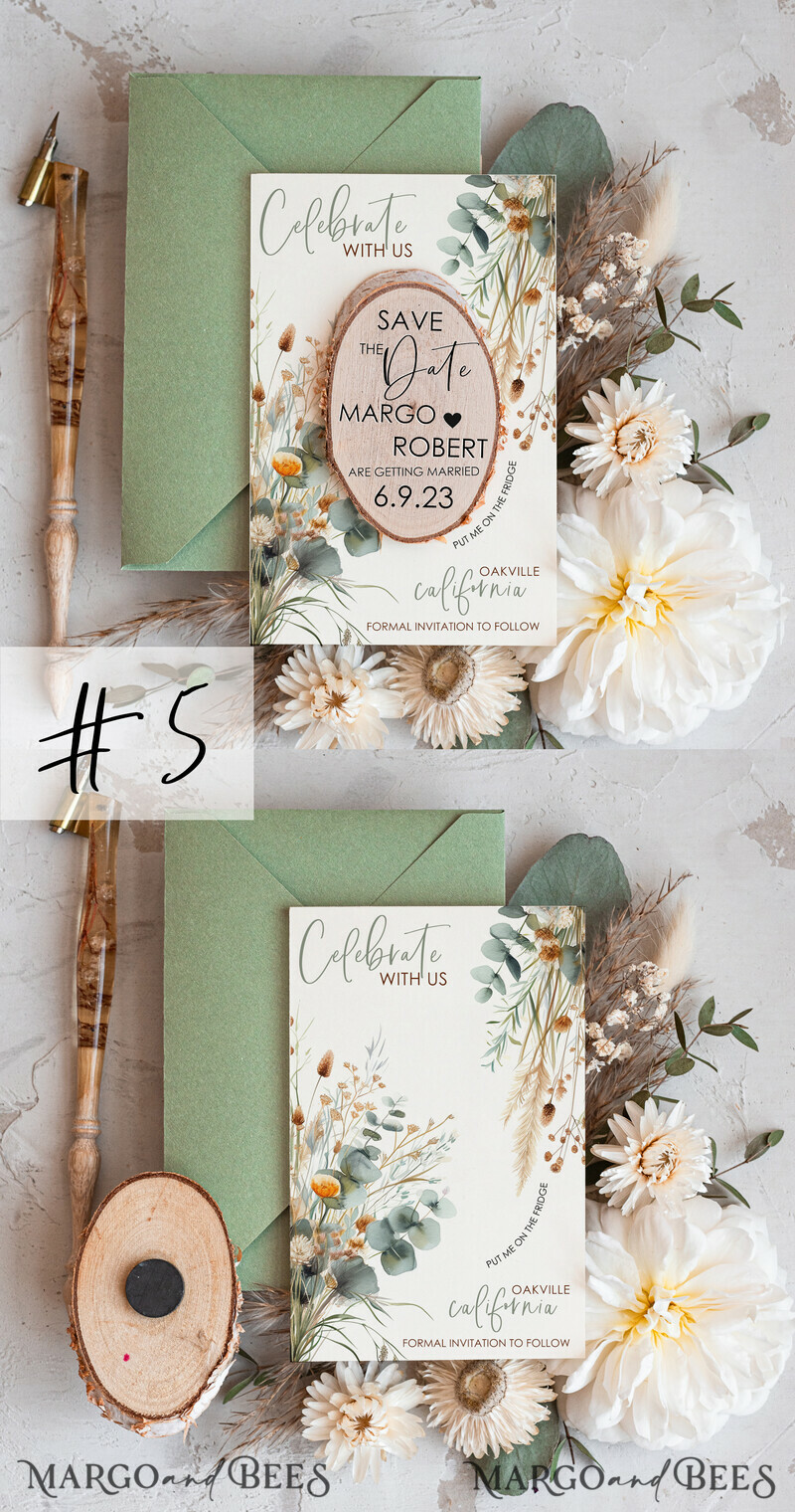 Sage Green Wedding Save The Date Card and wooden slice Magnet-2