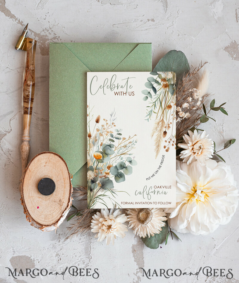 Sage Green Wedding Save The Date Card and wooden slice Magnet-1