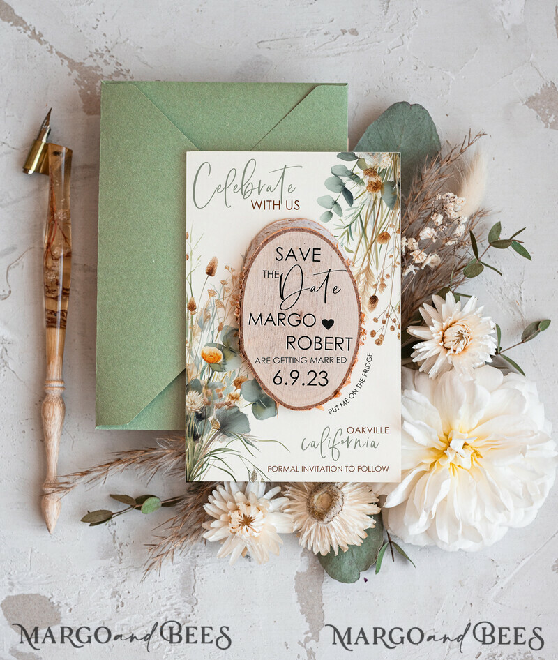 Sage Green Wedding Save The Date Card and wooden slice Magnet-0