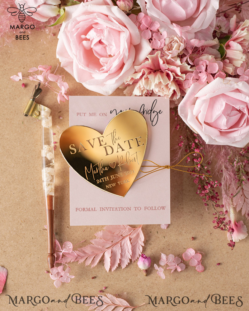 Personalised Save the Date Hear Magnet and Card, Gold Elegant Wedding Save The Dates Acrylic Heart, Velvet Save The Date Cards-1
