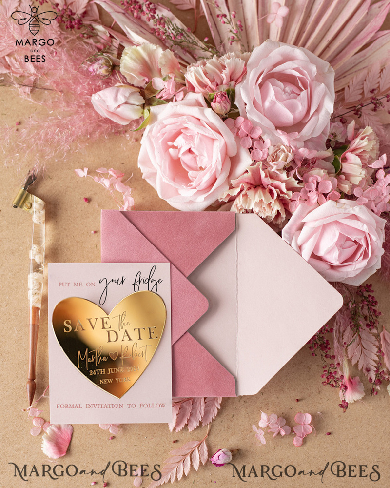 Personalised Save the Date Hear Magnet and Card, Gold Elegant Wedding Save The Dates Acrylic Heart, Velvet Save The Date Cards-2