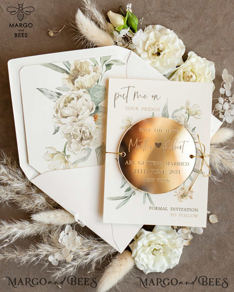 Personalised Gold Acrylic circle Save the Date Magnet and Card, ivory Wedding Save The Dates Plexi Magnets, Wedding Boho Save The Date Cards-1
