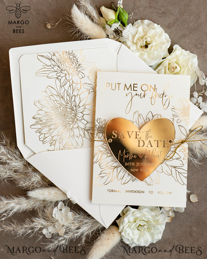 Personalised Gold Acrylic heart Save the Date Magnet and Card, ivory Wedding Save The Dates Plexi Magnets, Wedding Boho Save The Date Cards-1