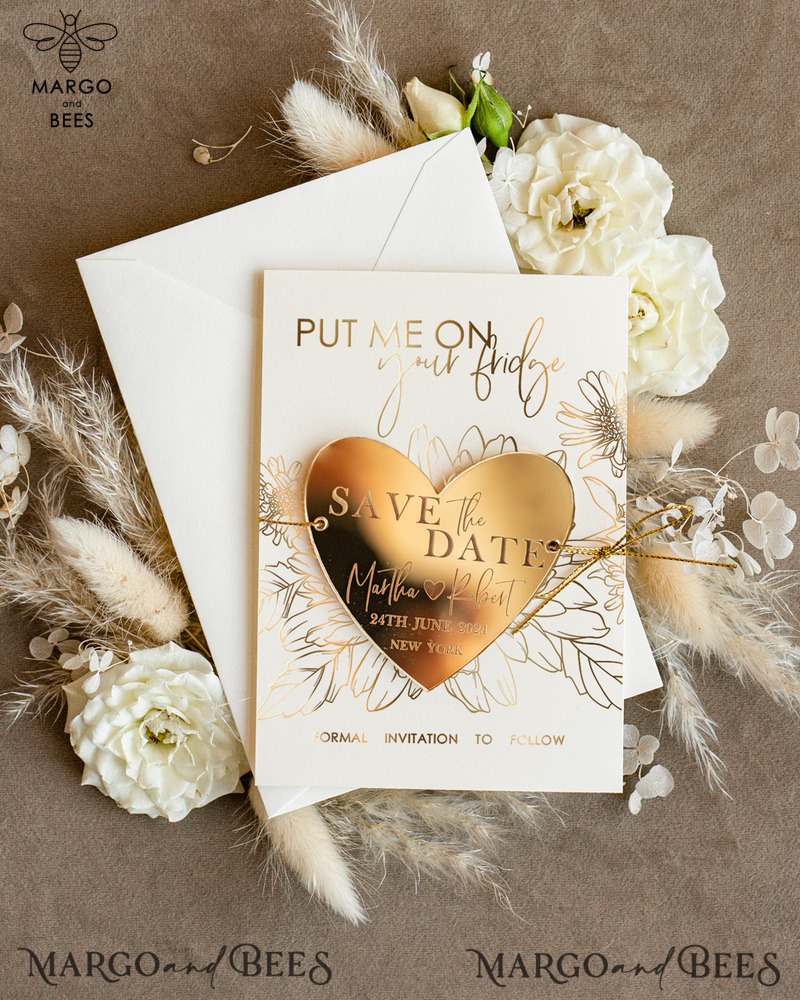 Personalised Gold Acrylic heart Save the Date Magnet and Card, ivory Wedding Save The Dates Plexi Magnets, Wedding Boho Save The Date Cards-0