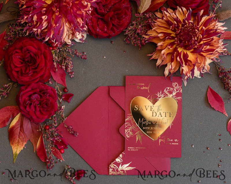 Personalised Save the Date Heart Magnet and Card, Burgundy Elegant Wedding Save The Dates Acrylic Gold Heart-3