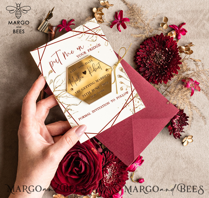 Personalised Maroon Save the Date hexagon Magnet and Card, boho Wedding Save The Dates Acrylic golden mirror magnet-1