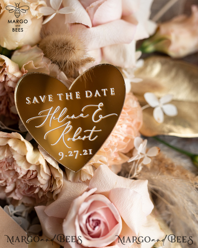 Acrylic Gild Mirror Save The Date Magnets, Velvet Save the Date Cards Heart magnets, Gold Foil wedding Save the date cards golden heart magnets-2