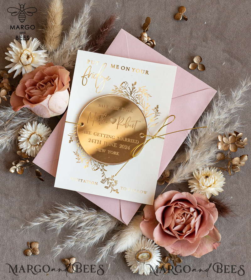 Personalised Gold Acrylic circle Save the Date Magnet and Card, blush Pink Wedding Save The Dates Plexi Magnets, Wedding Boho Save The Date Cards-1