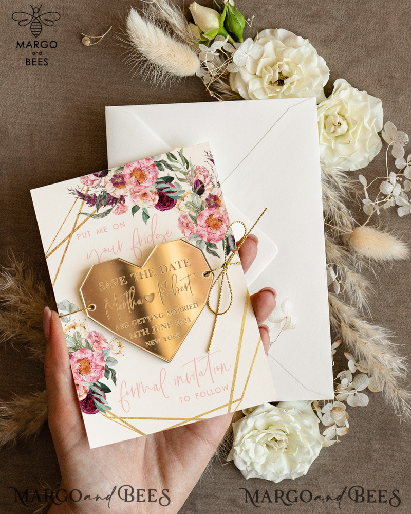 Personalised Gold Acrylic heart Save the Date Magnet and Card, ivory Wedding Save The Dates Plexi Magnets, Wedding Boho Save The Date Cards-5