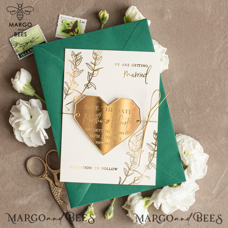 Personalised Save the Date Heart Magnet and Card, Gold Dark Green Elegant Wedding Save The Dates Acrylic Heart-0