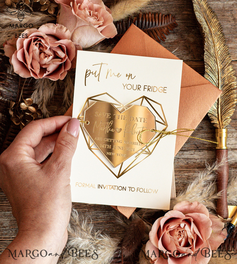 Personalised Save the Date Heart Acrylic Magnet and Card, Gold Terracotta Elegant Wedding Save The Dates Acrylic Magnets, boho Save The Date Cards-4