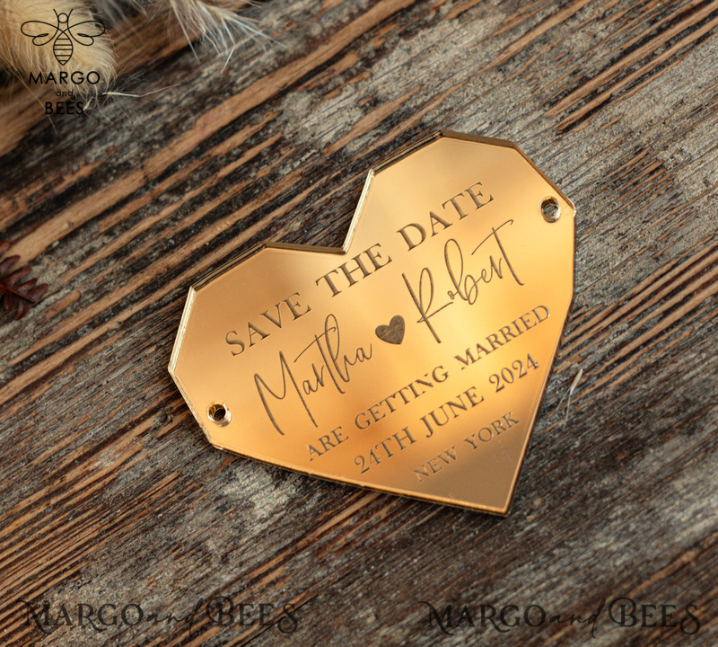 Personalised Save the Date Heart Acrylic Magnet and Card, Gold Terracotta Elegant Wedding Save The Dates Acrylic Magnets, boho Save The Date Cards-3