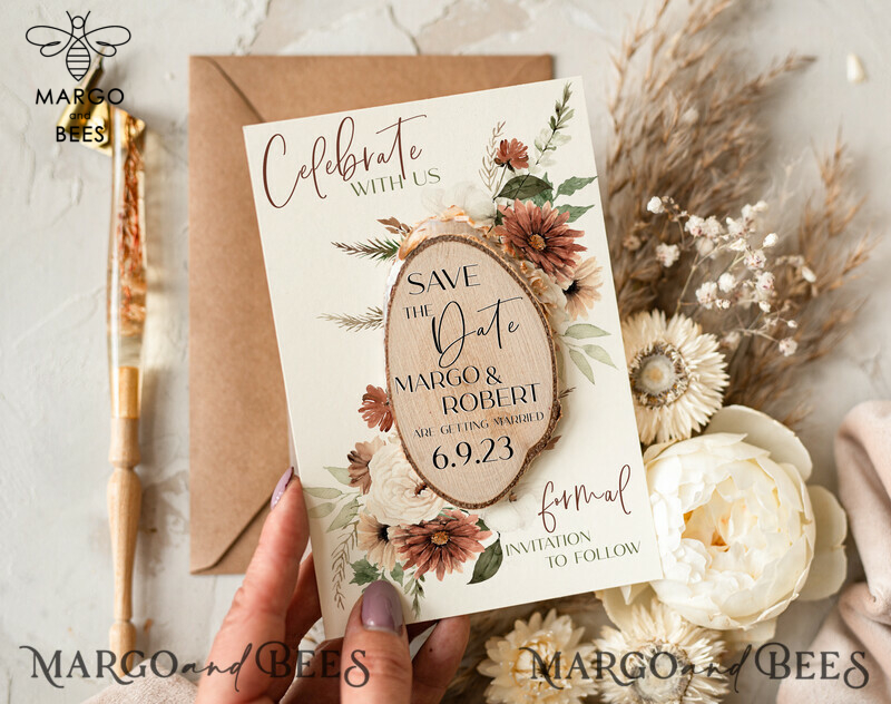 Craft a Memorable Wedding with Boho Save the Date Cards and Wooden Slice Magnets-0