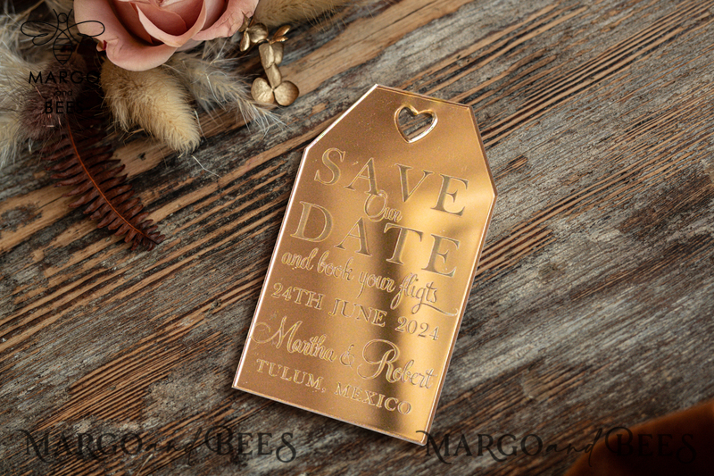 Personalised Travel Save the Date Acrylic Tag Magnet and Card, Gold Terracotta Luggage Tag Wedding Save The Dates Acrylic Magnets,  Save The Date Cards-4