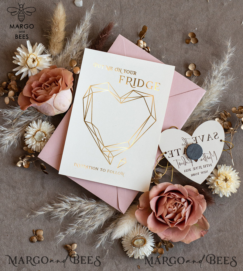 Personalised Gold Acrylic Heart Save the Date Magnet and Card, blush Pink Wedding Save The Dates Plexi Magnets, Wedding Boho Save The Date Cards-2