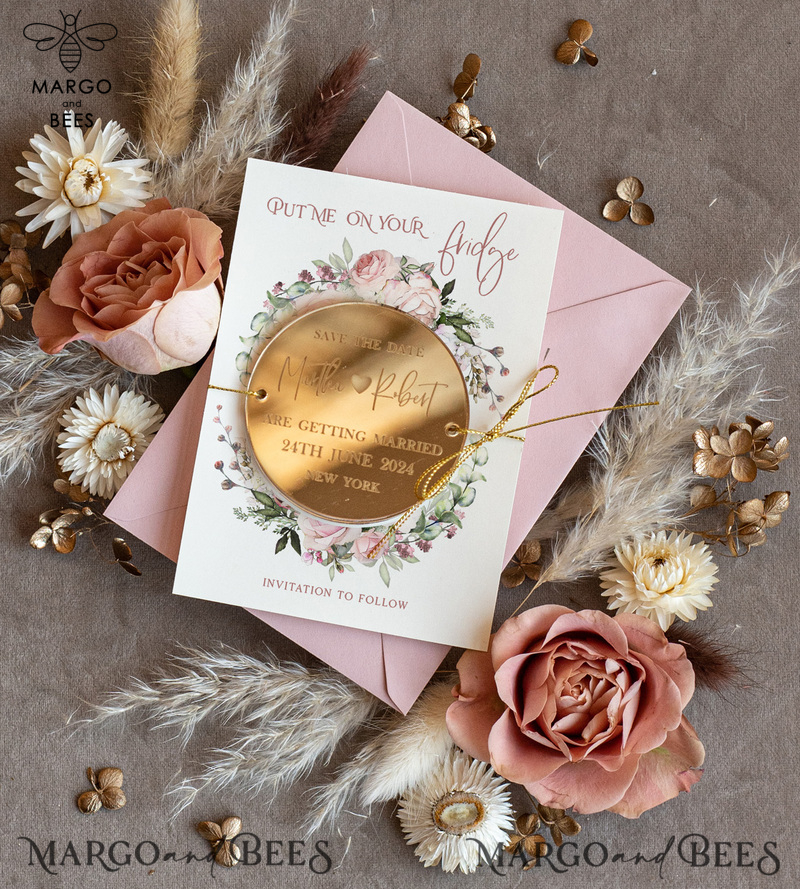 Personalised Gold Acrylic  Save the Date Magnet and Card, Gold Blush Pink Wedding Save The Dates Plexi Magnets, Wedding Boho Save The Date Cards-2