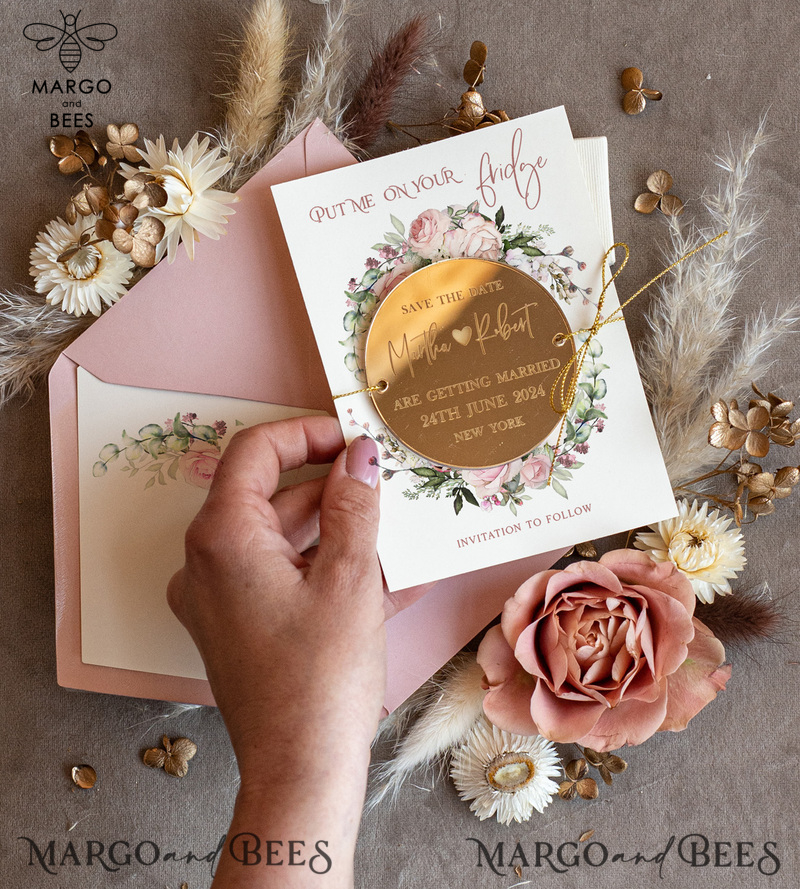 Personalised Gold Acrylic  Save the Date Magnet and Card, Gold Blush Pink Wedding Save The Dates Plexi Magnets, Wedding Boho Save The Date Cards-5