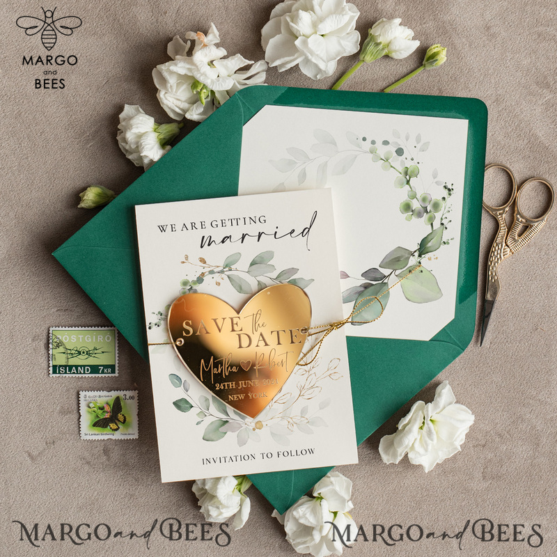 Personalised Gold Save the Date Acrylic Heart Magnet and Card, Gold Heart Wedding Save The Dates Acrylic Magnets, Green Save The Date Cards with heart magnet-0