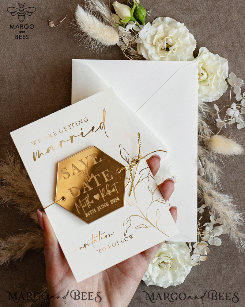 Personalised Gold Acrylic hexagon Save the Date Magnet and Card, ivory Wedding Save The Dates Plexi Magnets, Wedding Boho Save The Date Cards-3