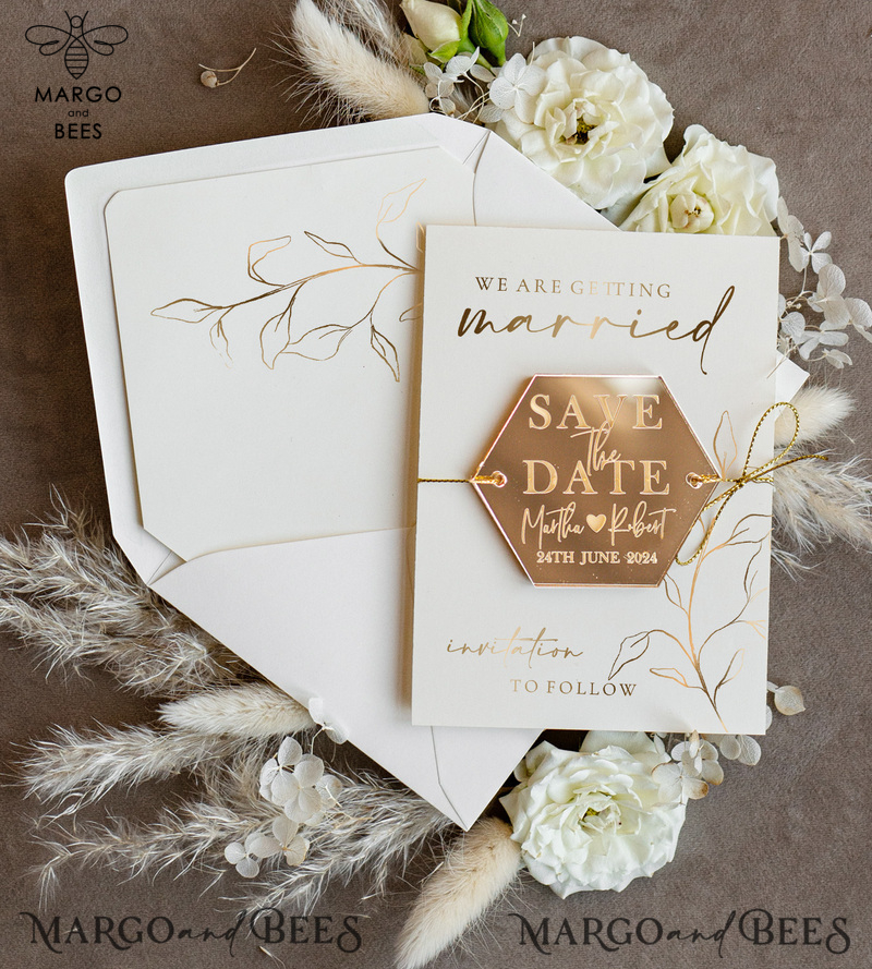 Personalised Gold Acrylic hexagon Save the Date Magnet and Card, ivory Wedding Save The Dates Plexi Magnets, Wedding Boho Save The Date Cards-0