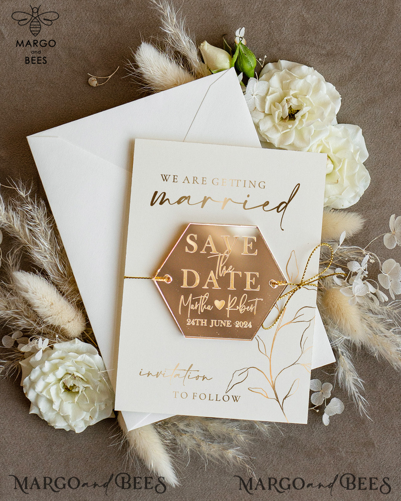 Personalised Gold Acrylic hexagon Save the Date Magnet and Card, ivory Wedding Save The Dates Plexi Magnets, Wedding Boho Save The Date Cards-2