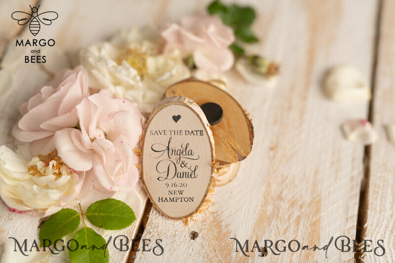 Unique and Rustic: Personalised Wedding Save The Date Card and Wood Slice Magnet-1
