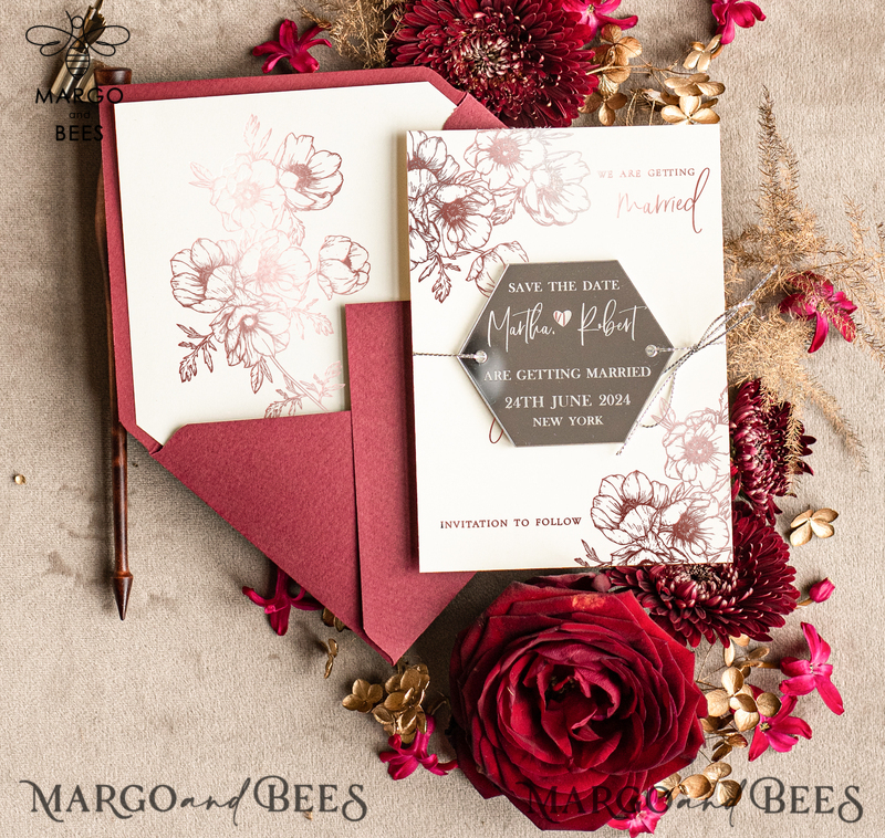 Personalised Save the Date Hexagon Magnet and Card, Burgundy Elegant Wedding Save The Dates Acrylic Silver Heart-1