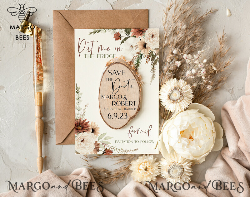 Boho Wedding Save the Date Cards and Wooden Slice Magnets: Crafted to Perfection-0