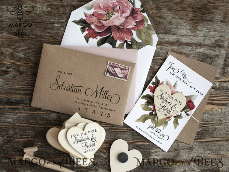Save the Date Card with  Personalised Rustic Wooden Fridge Magnet and craft envelope Wedding Save The Date Card and Heart Magnet, Blush Pink Save Our Date Wood Magnets, Boho save our dates -1