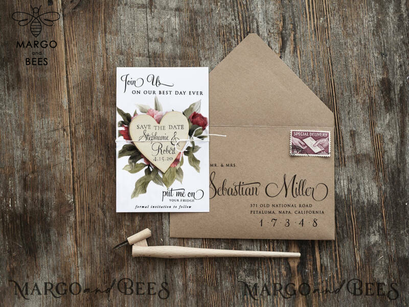Save the Date Card with  Personalised Rustic Wooden Fridge Magnet and craft envelope Wedding Save The Date Card and Heart Magnet, Blush Pink Save Our Date Wood Magnets, Boho save our dates -0