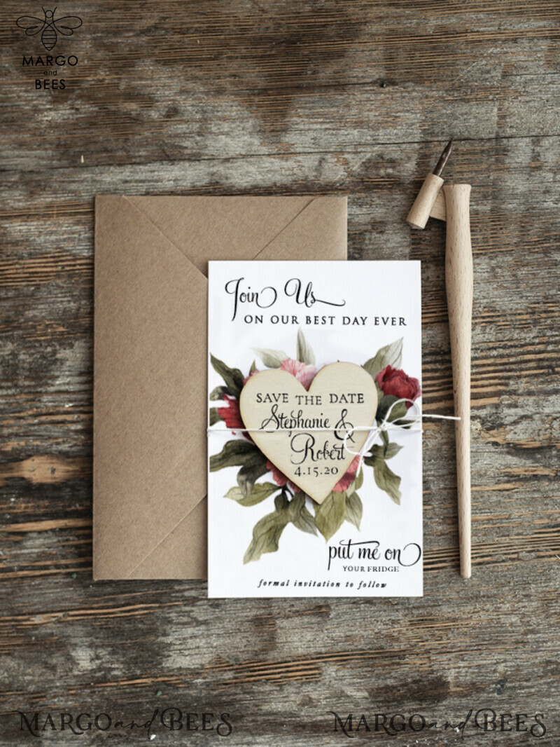 Personalised Rustic Wooden Fridge Magnet & Craft Envelope: Wedding Save the Date Card with Heart Magnet-3