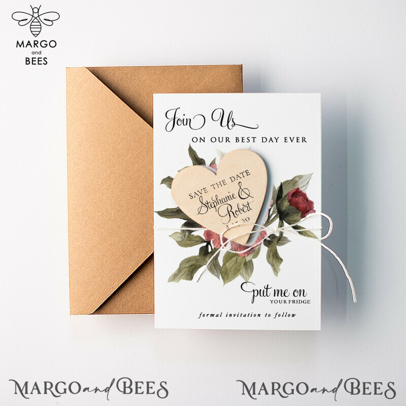 Personalised Rustic Wooden Fridge Magnet & Craft Envelope: Wedding Save the Date Card with Heart Magnet-5