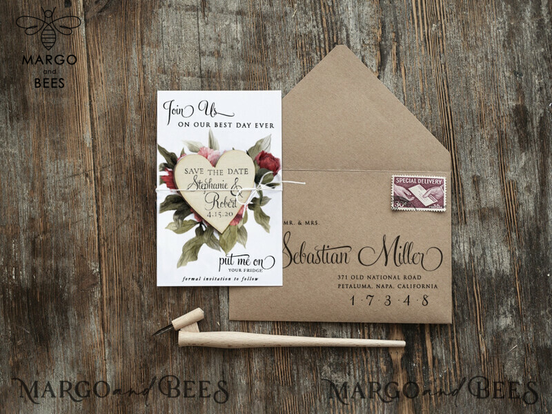 Personalised Rustic Wooden Fridge Magnet & Craft Envelope: Wedding Save the Date Card with Heart Magnet-0